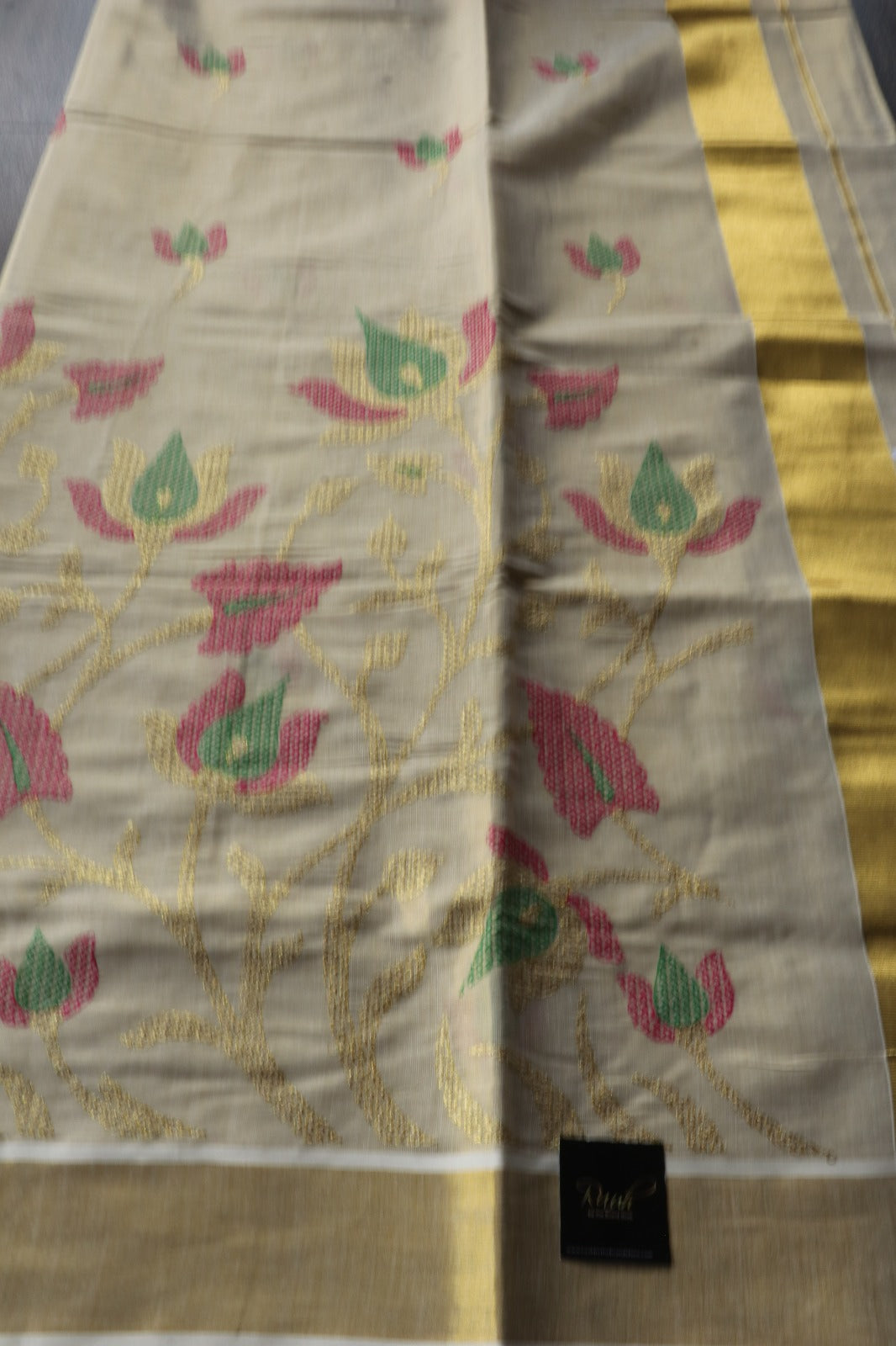 DARK PINK-GREEN LOTUS EMBROIDERY ON TISSUE SAREE