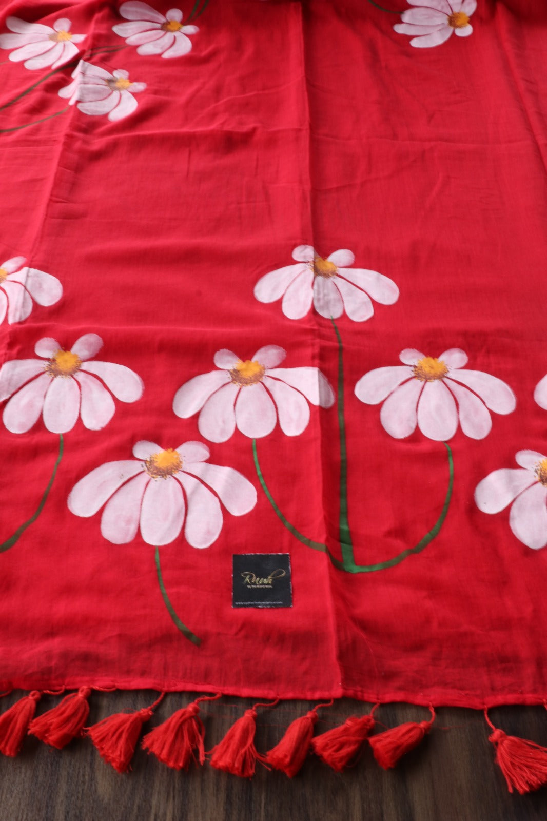 RED MULMUL HANDPAINTED DAISY SAREE