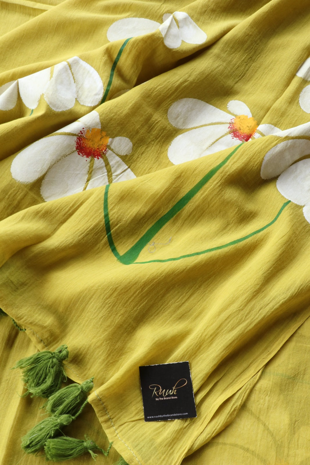 MEHENDI GREEN MULMUL HANDPAINTED DAISY SAREE