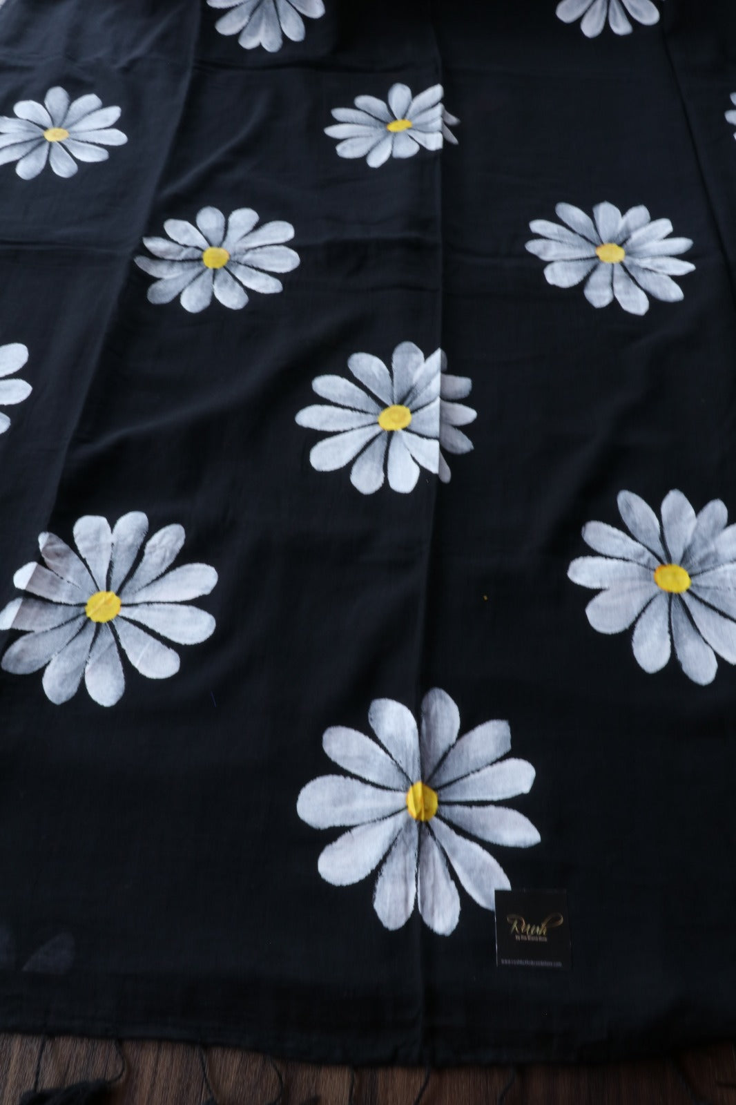 BLACK DAISY HANDPAINTED MULMUL SAREE