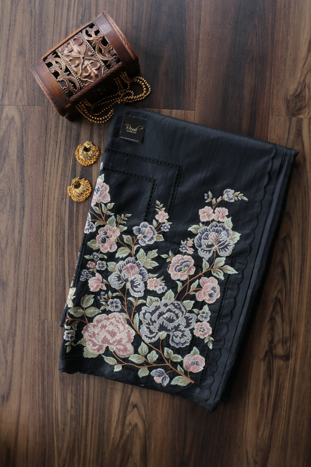 PREMIUM SEMI TUSSAR WITH CUTWORK - BLACK
