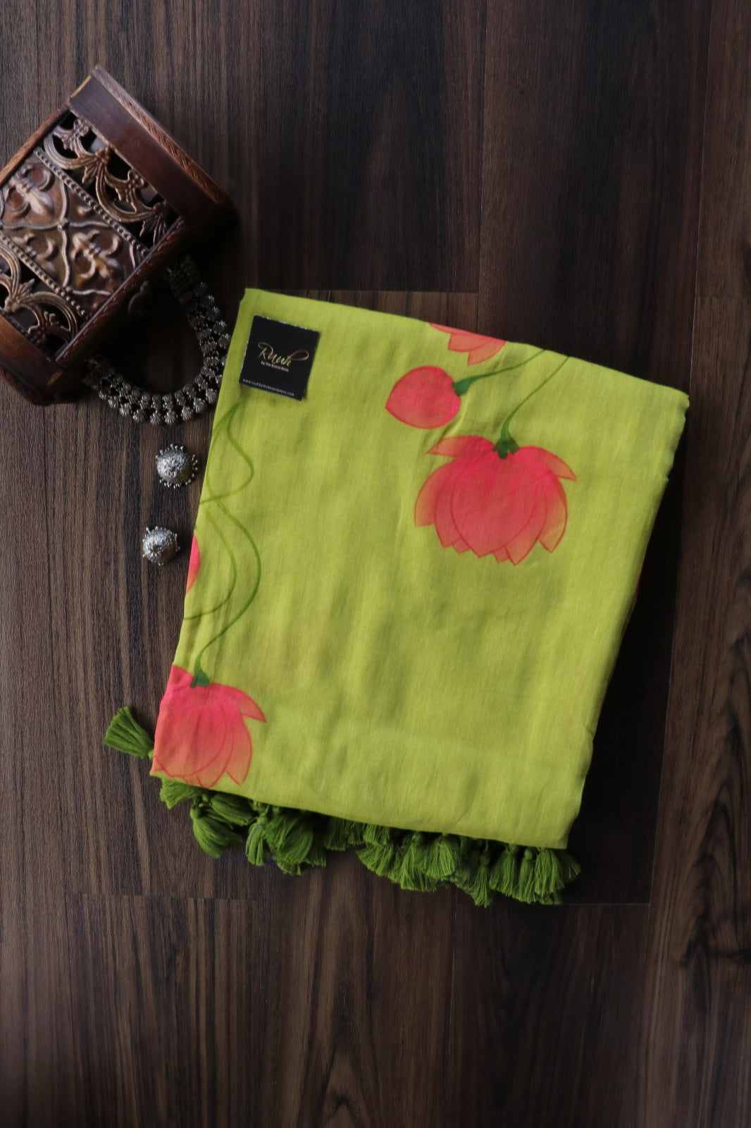 LOTUS HANDPAINTED MULMUL SAREE-GREEN