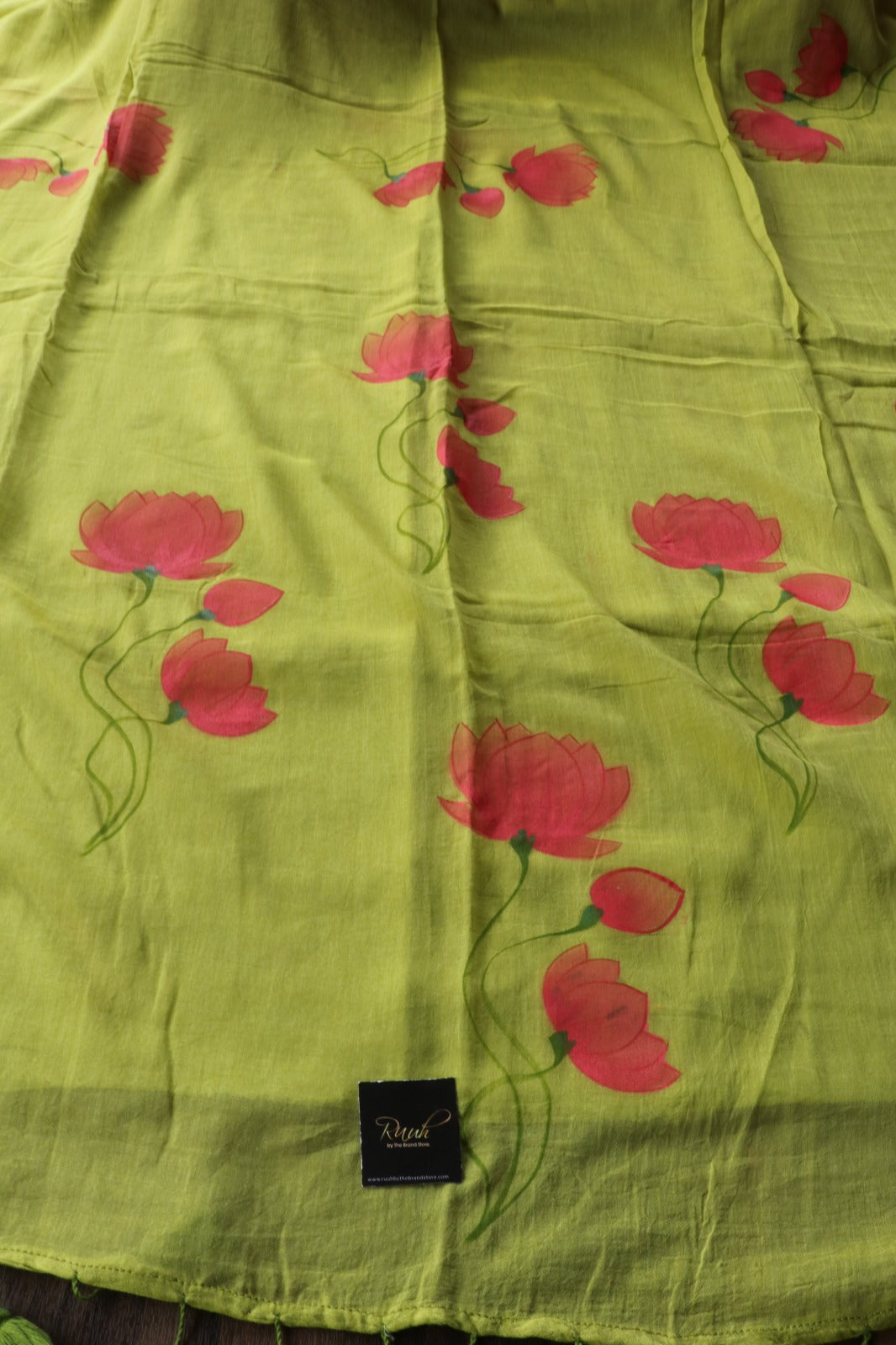 LOTUS HANDPAINTED MULMUL SAREE-GREEN