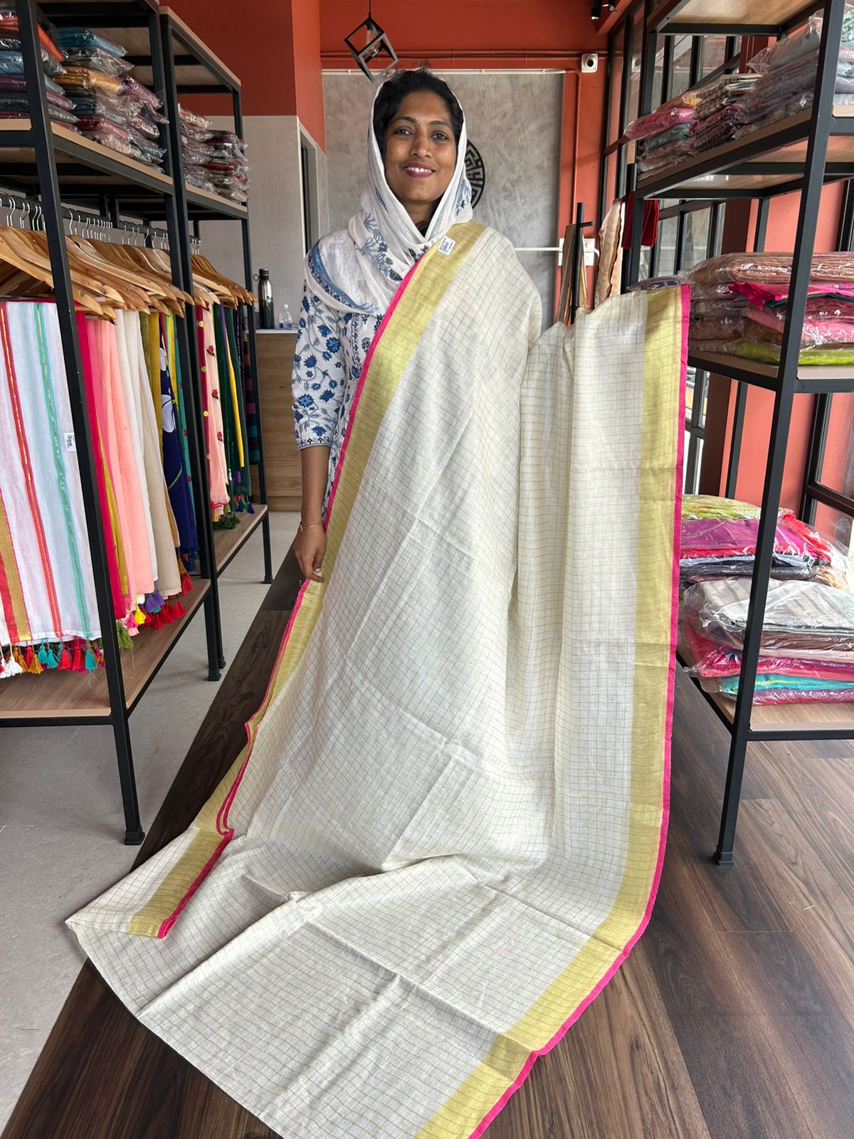 LINEN CHECKS WITH RED EDGING