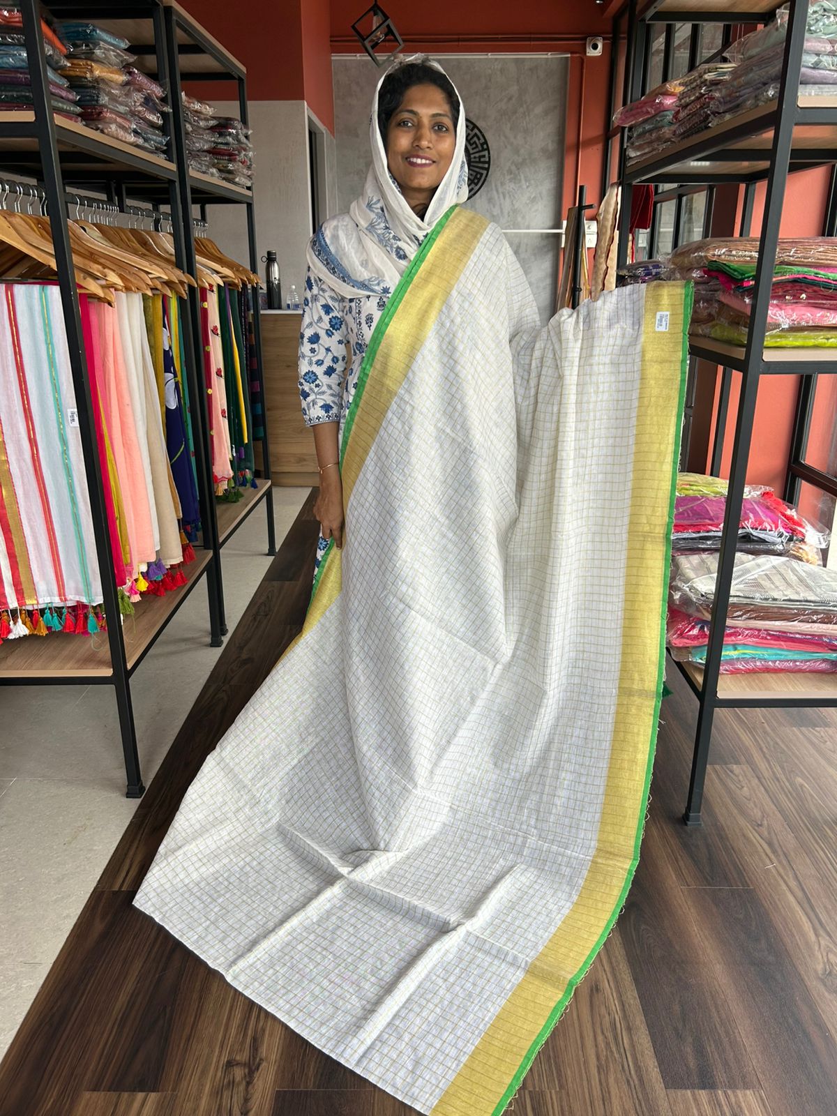 LINEN CHECKS WITH GREEN EDGING