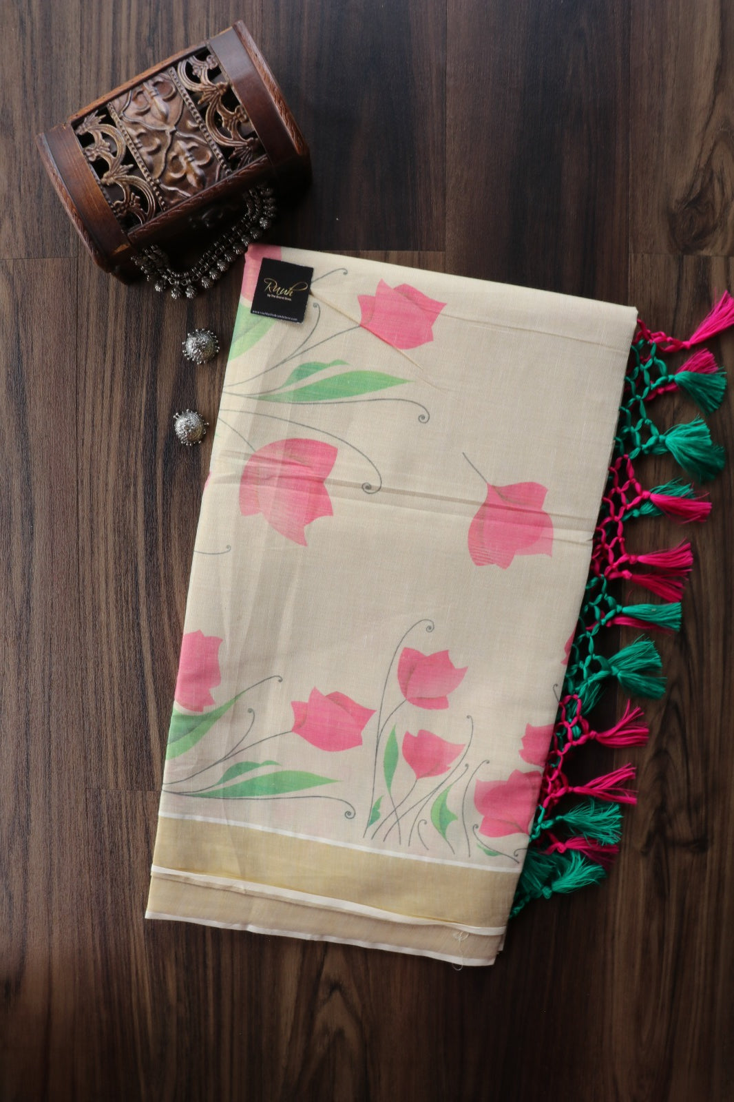 PINK FLORAL PRINTED KERALA TISSUE SAREE