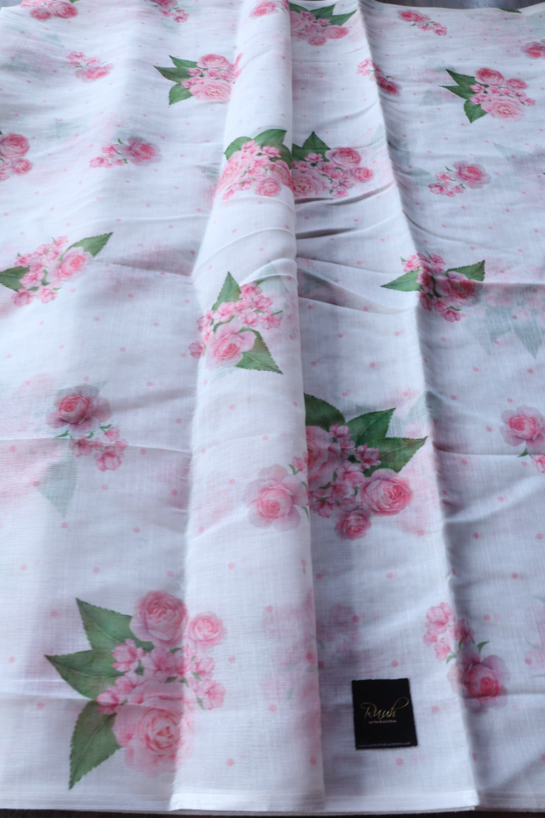 WHITE SEMI LINEN SAREE WITH FLORAL PRINTS