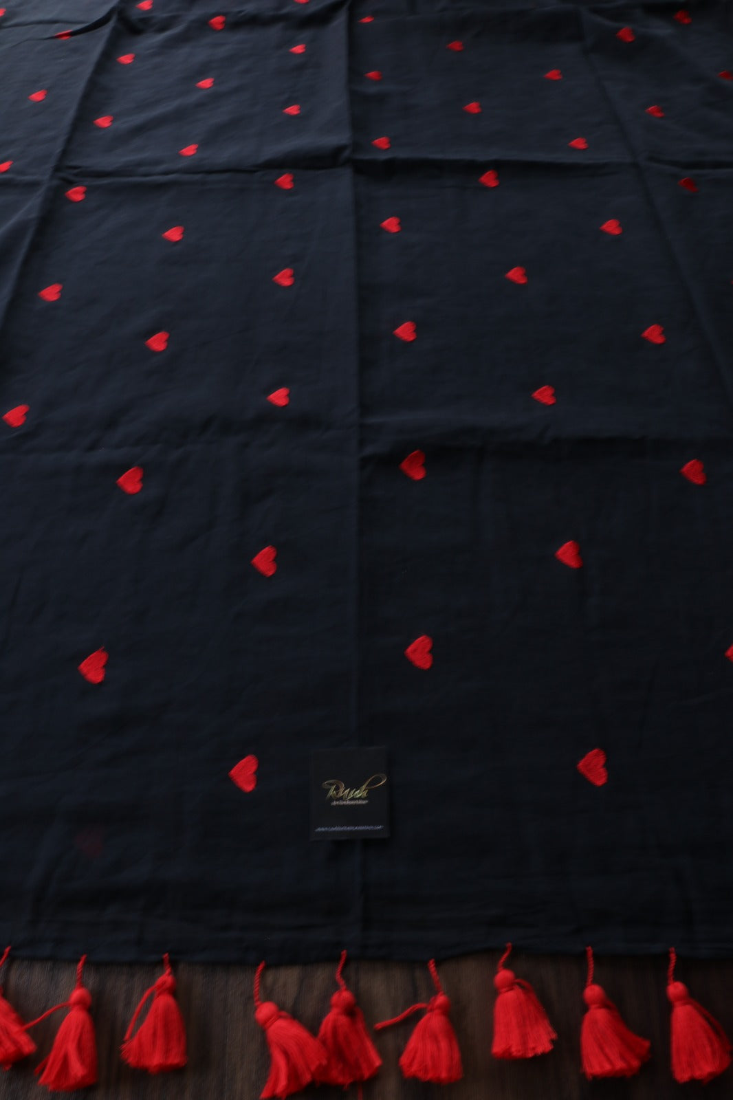 RED HEART EMBROIDERED ON BLACK MULMUL SAREE