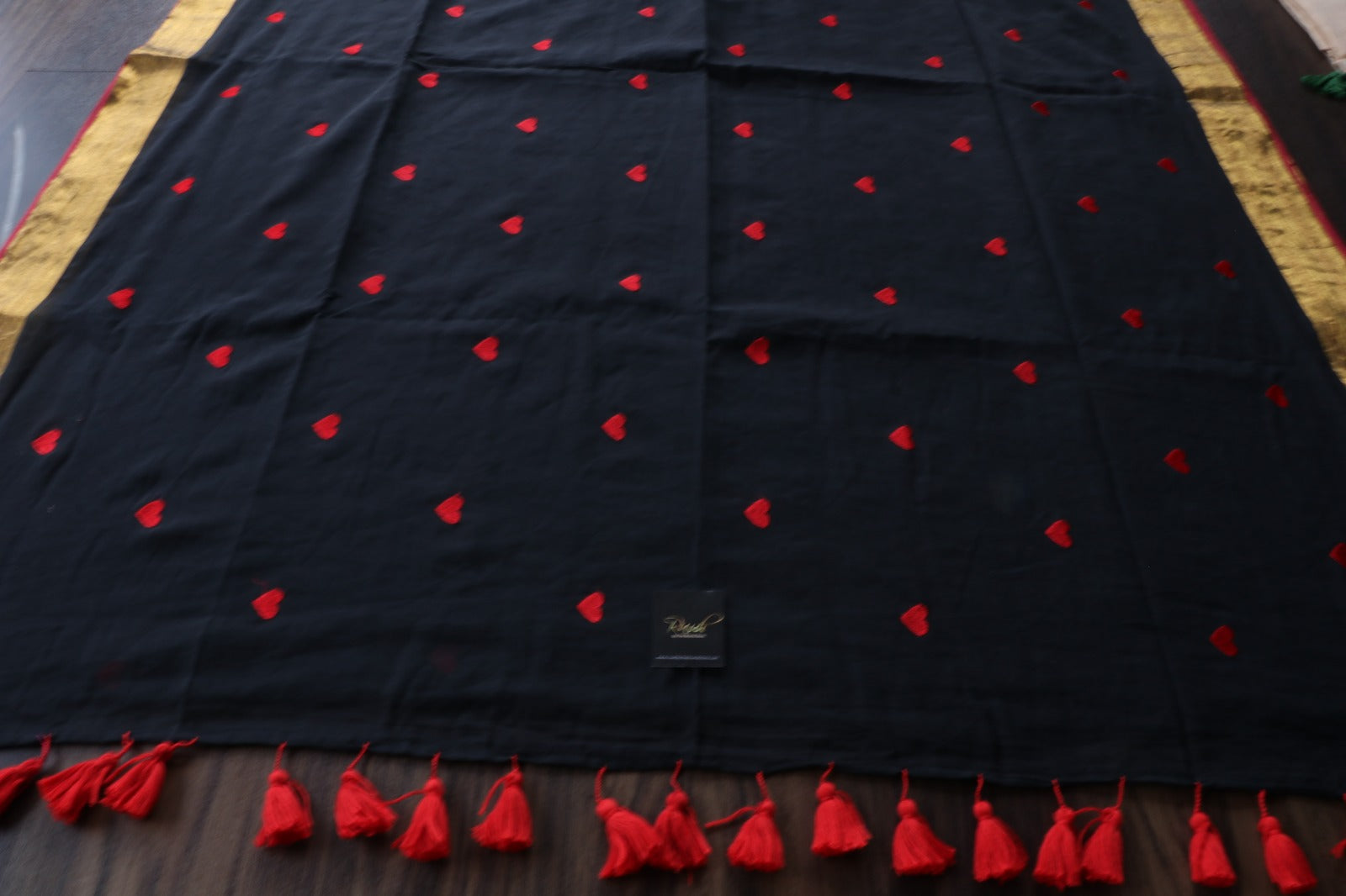 RED HEART EMBROIDERED ON BLACK MULMUL SAREE