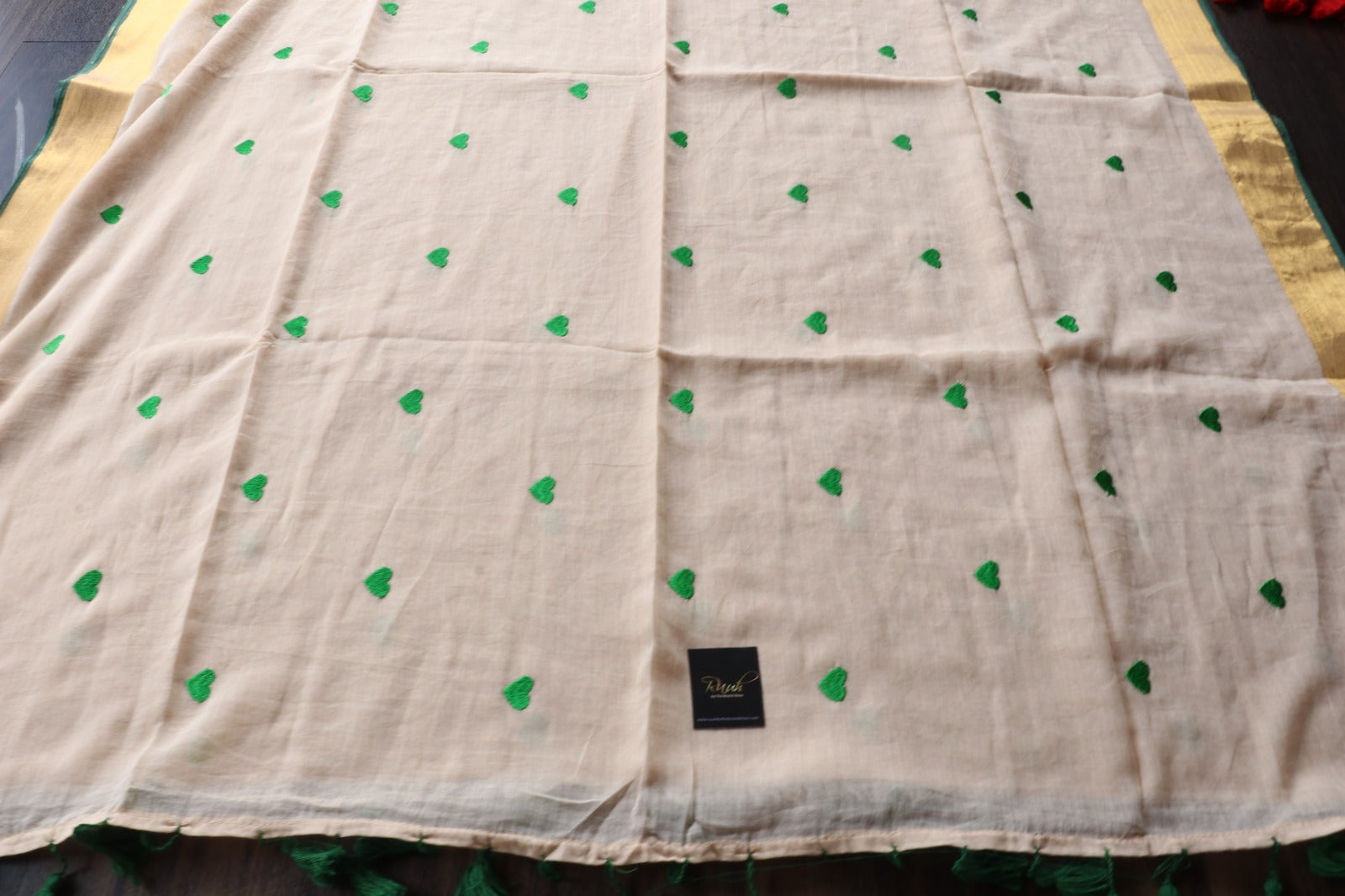 GREEN HEART EMBROIDERED MULMUL SAREE