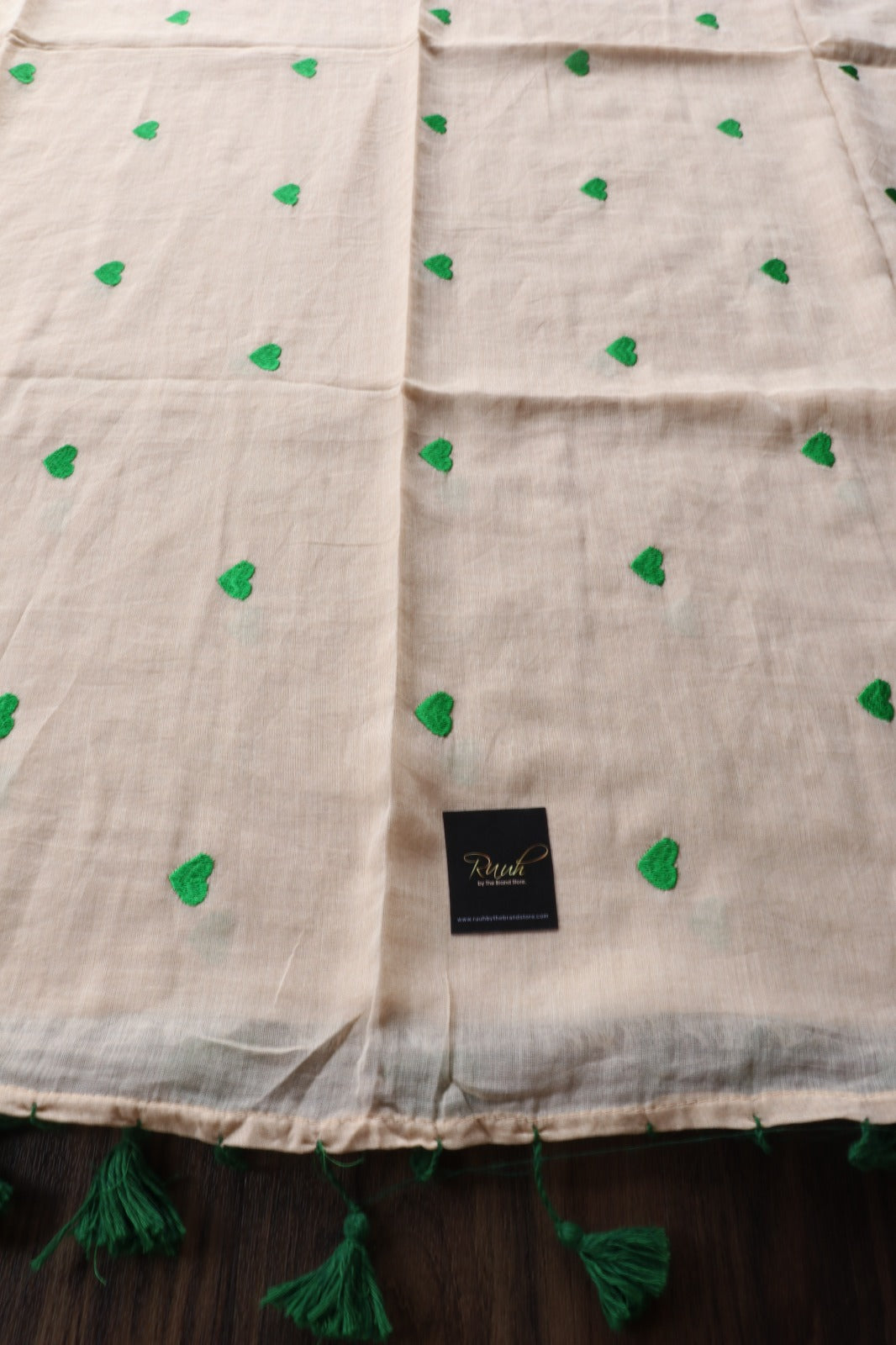 GREEN HEART EMBROIDERED MULMUL SAREE