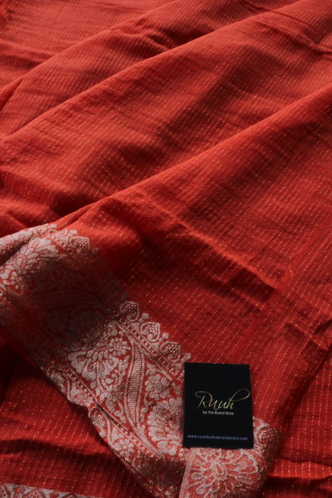 RUST ORANGE VISCOSE CHINNON WITH ZARI STRIPES