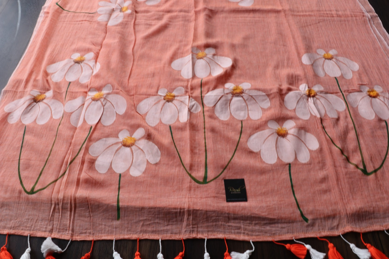 PEACH MULMUL HANDPAINTED DAISY SAREE