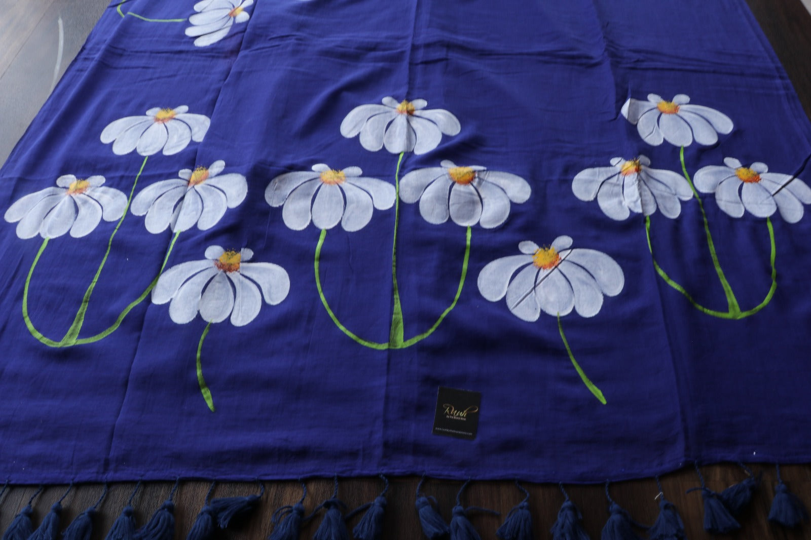 BLUE MULMUL HANDPAINTED DAISY SAREE