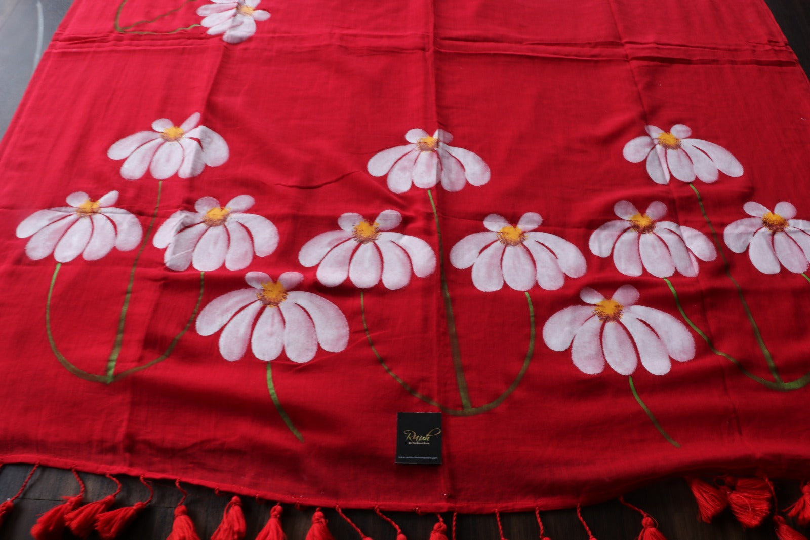 RED MULMUL HANDPAINTED DAISY SAREE