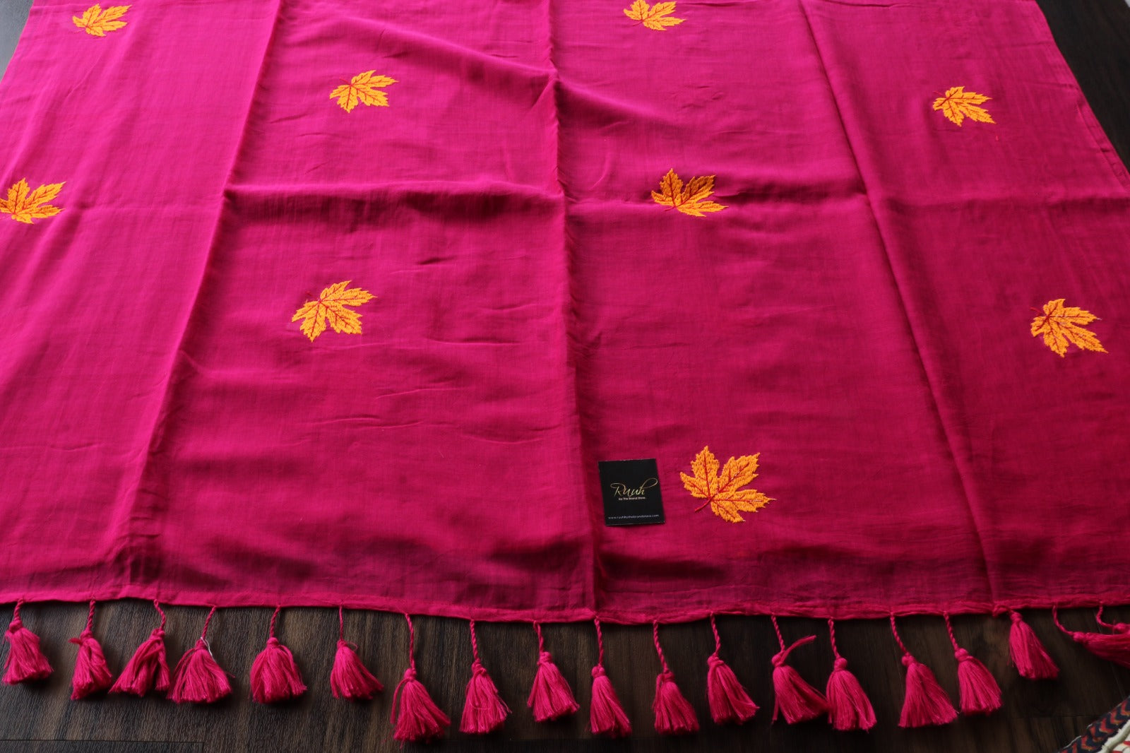 HOT PINK MULMUL SAREE WITH MAPLE LEAF EMBROIDERY