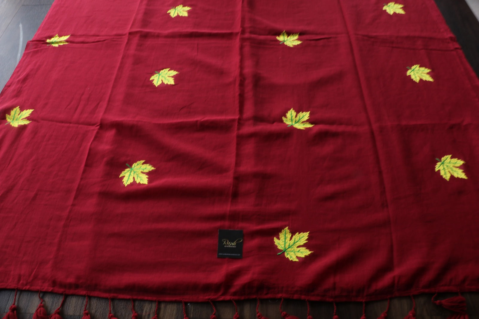 MAROON MULMUL SAREE WITH MAPLE LEAF EMBROIDERY
