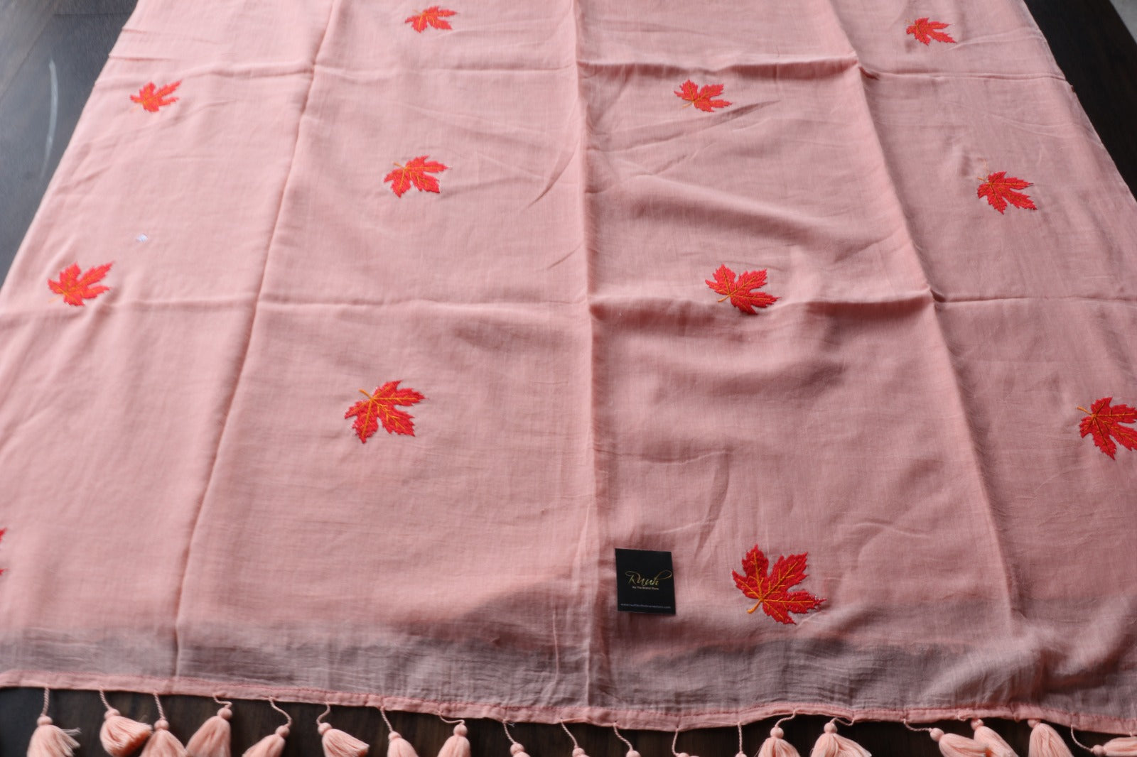 LIGHT PEACH MULMUL SAREE WITH MAPLE LEAF EMBROIDERY