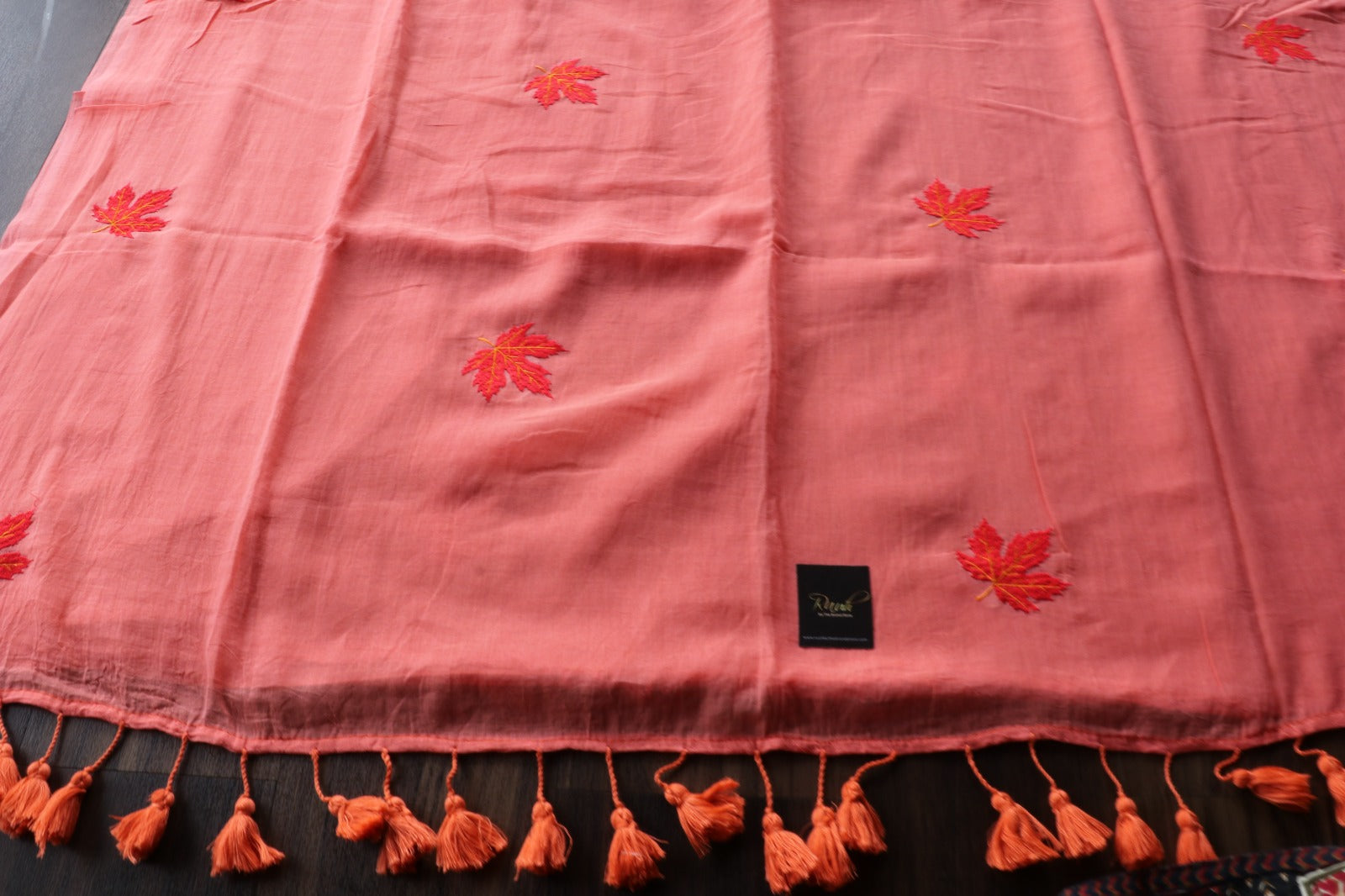 DARK PEACH MULMUL SAREE WITH MAPLE LEAF EMBROIDERY