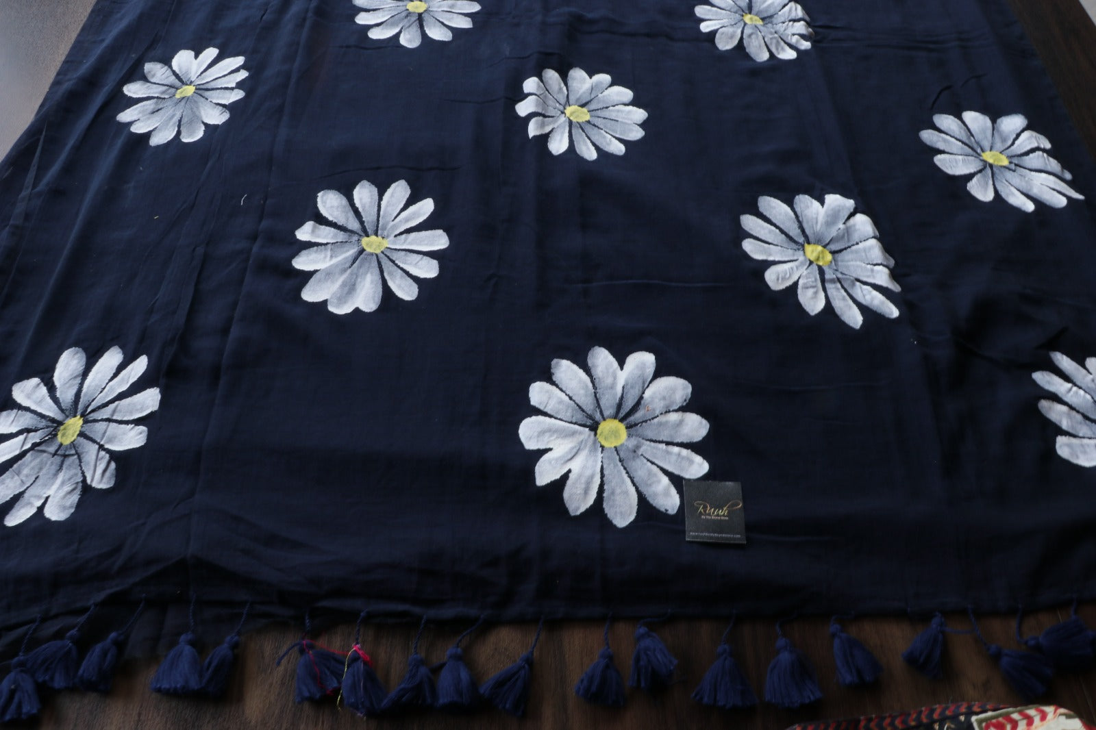 DARK BLUE MULMUL SAREE WITH DAISY HANDPAINT