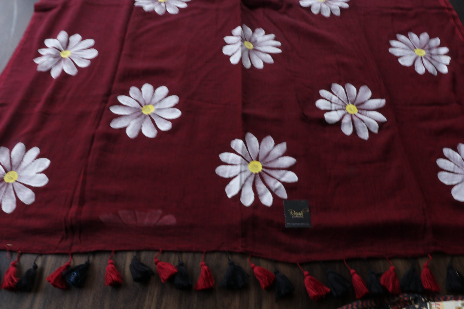 MAROON X BLACK MULMUL SAREE WITH DAISY HANDPAINT