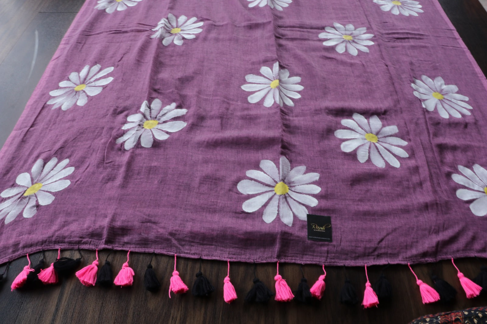 PINK X BLACK MULCOTTON WITH DAISY HANDPAINT SAREE