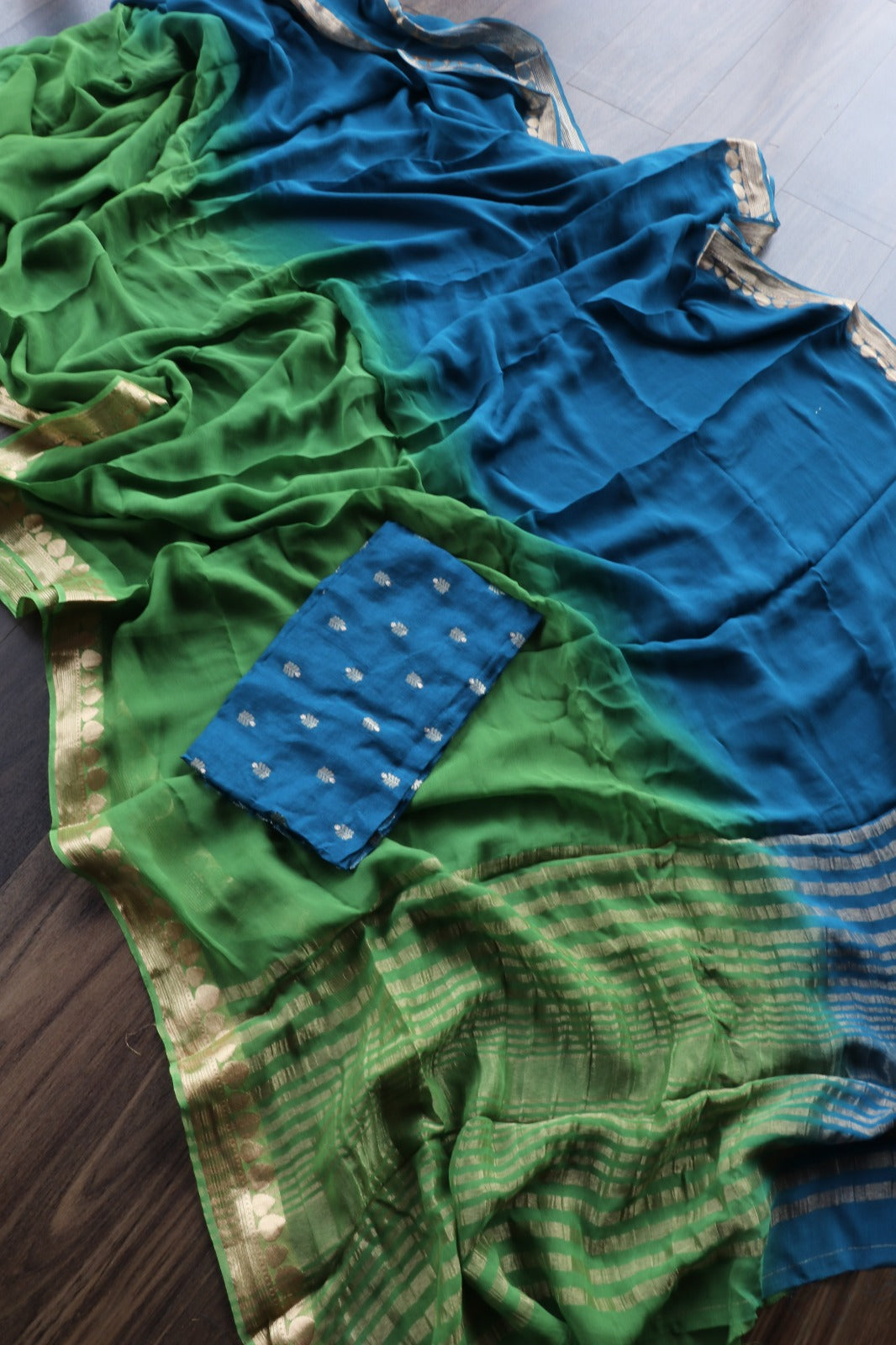 BLUE- GREEN VISCOSE GEORGETTE SAREE
