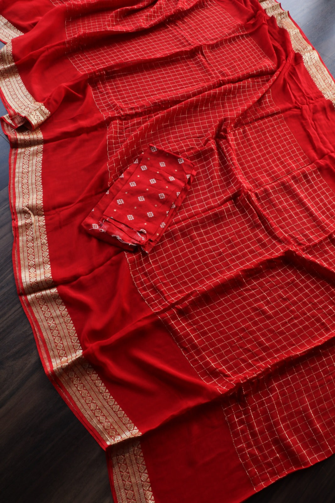 RED VISCOSE CHECKS SAREE