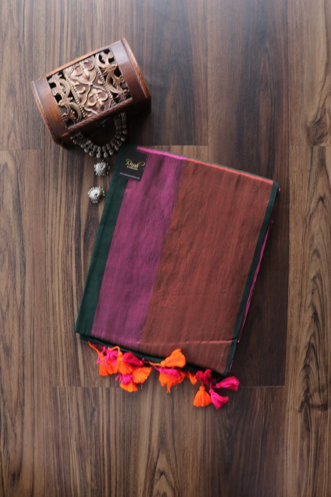 DARK GREEN MULCOTTON WITH PINK & ORANGE BORDER