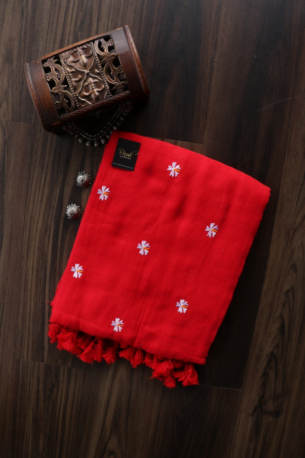 RED MULMUL SAREE WITH PARIJAT EMBROIDERY