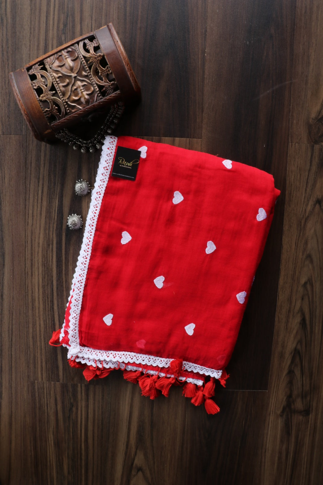 RED MULMUL SAREE WITH HEART EMBROIDERY