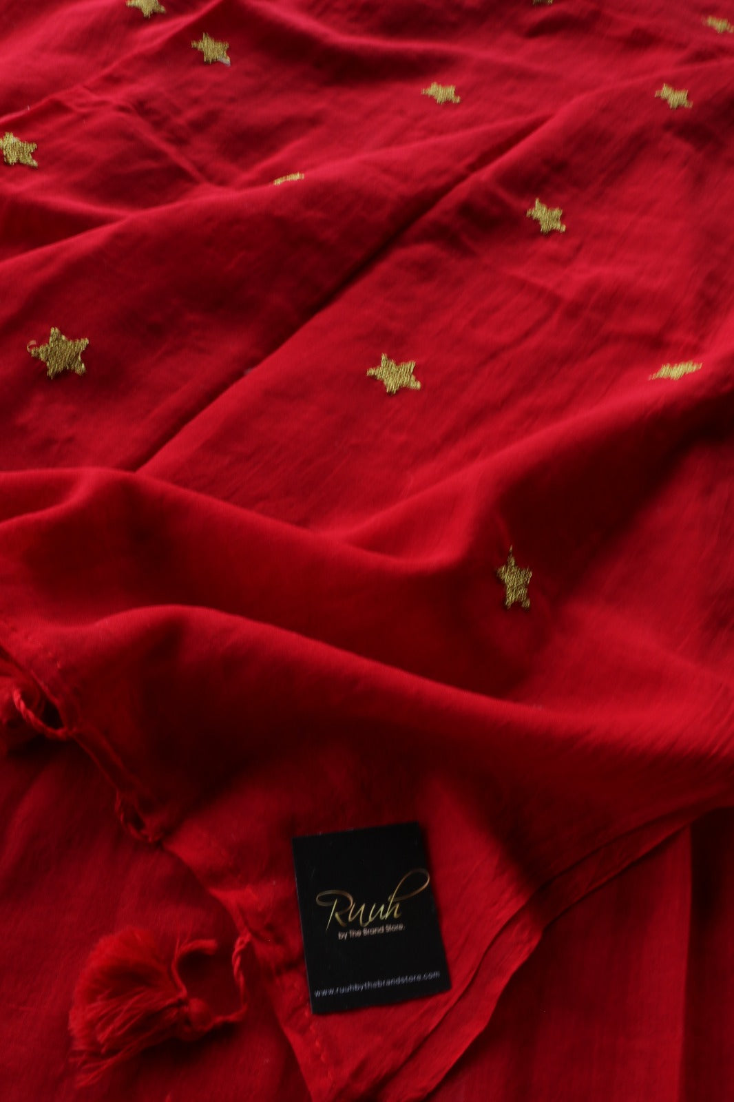 RED MULMUL SAREE WITH STAR EMBROIDERY