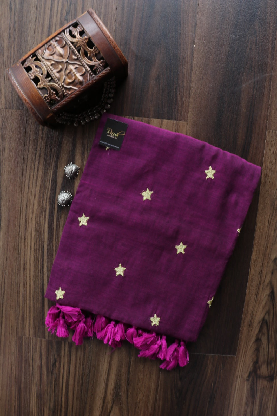 GRAPE WINE MULMUL SAREE WITH STAR EMBROIDERY