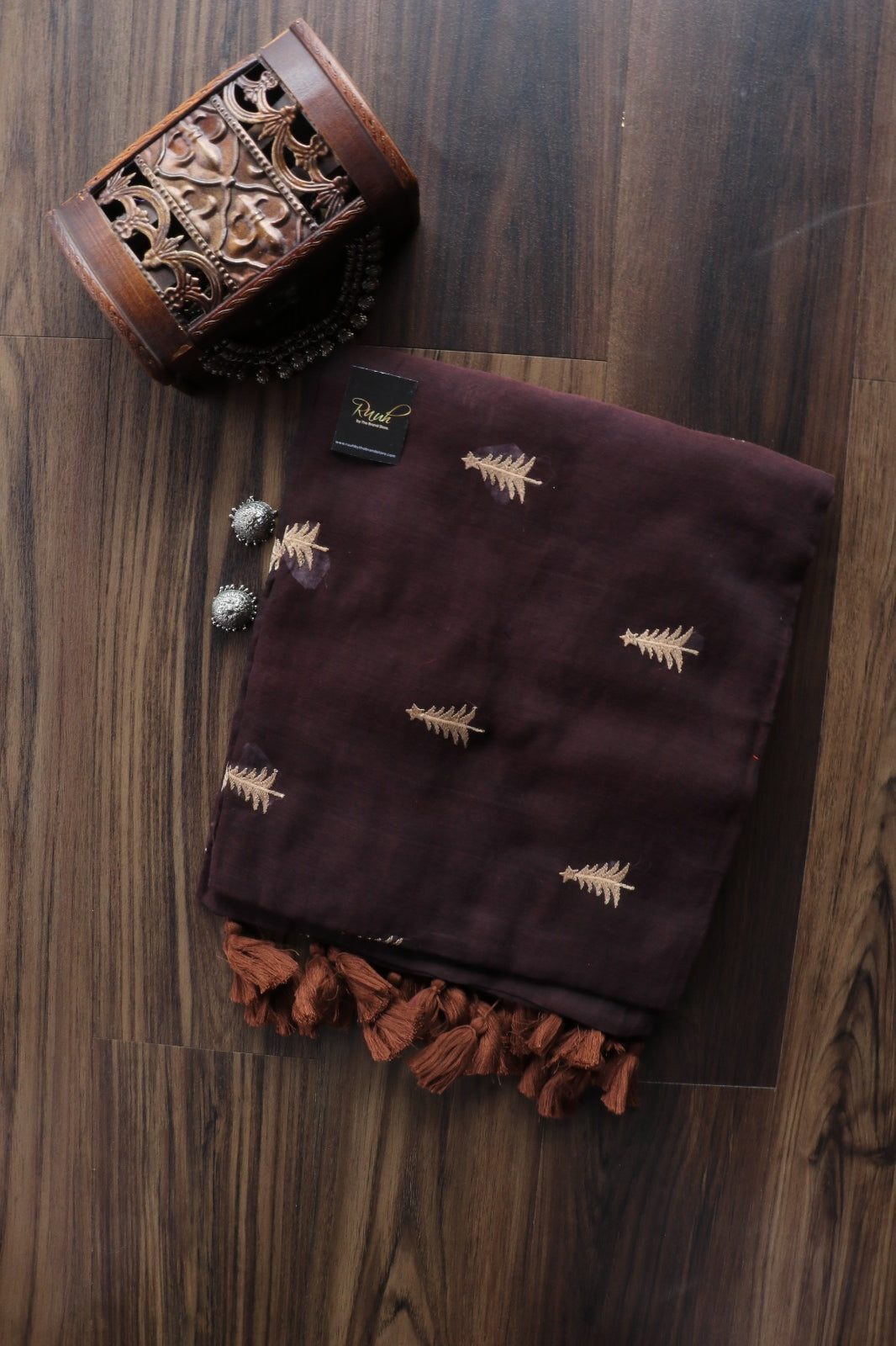 DARK BROWN MULMUL SAREE WITH PINE TREE EMBROIDERY