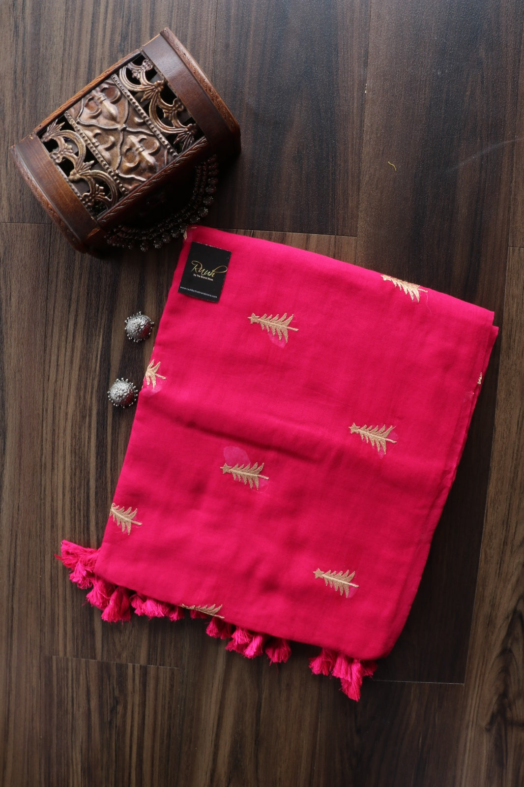 HOTPINK MULMUL SAREE WITH PINE TREE EMBROIDERY