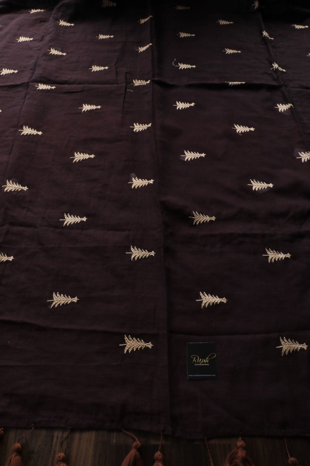 DARK BROWN MULMUL SAREE WITH PINE TREE EMBROIDERY