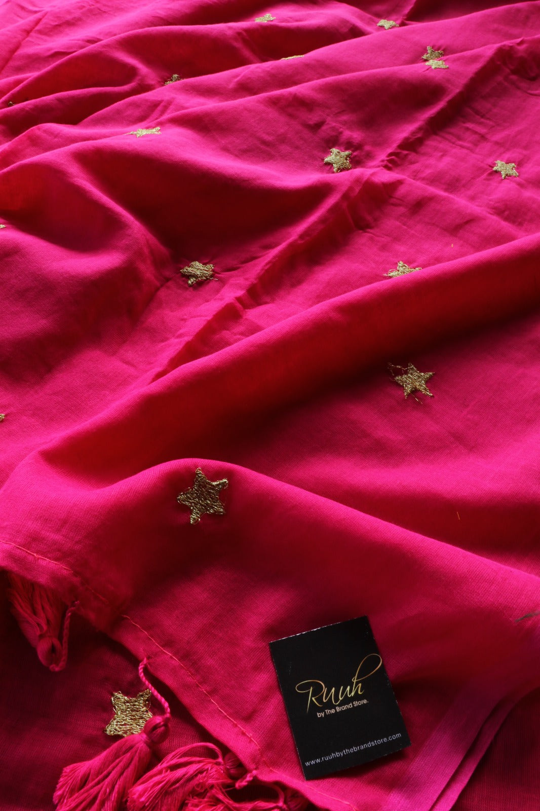 HOT PINK MULMUL SAREE WITH STAR EMBROIDERY