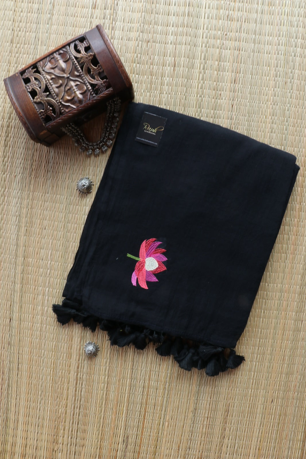 BLACK MULMUL COTTON WITH LOTUS EMBROIDERY