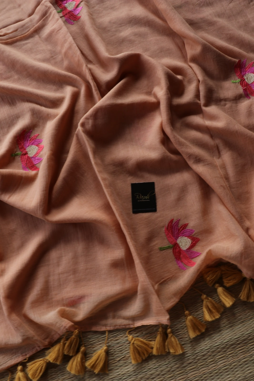 CARAMEL MULMUL COTTON WITH LOTUS EMBROIDERY