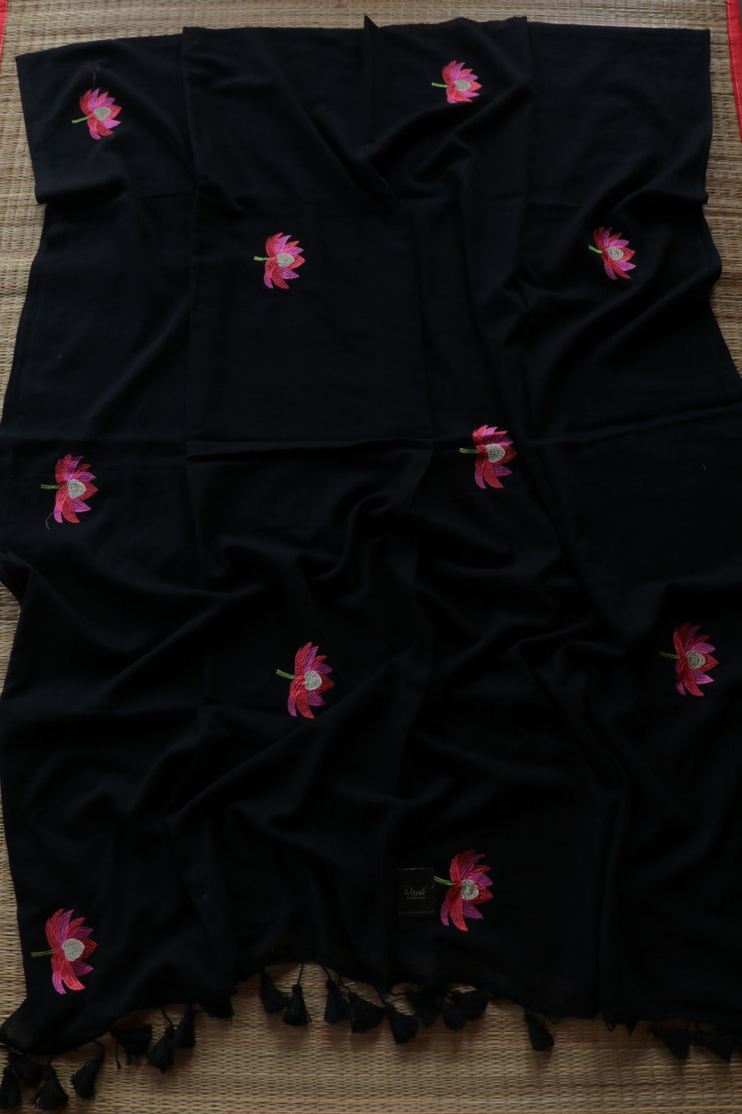 BLACK MULMUL COTTON WITH LOTUS EMBROIDERY