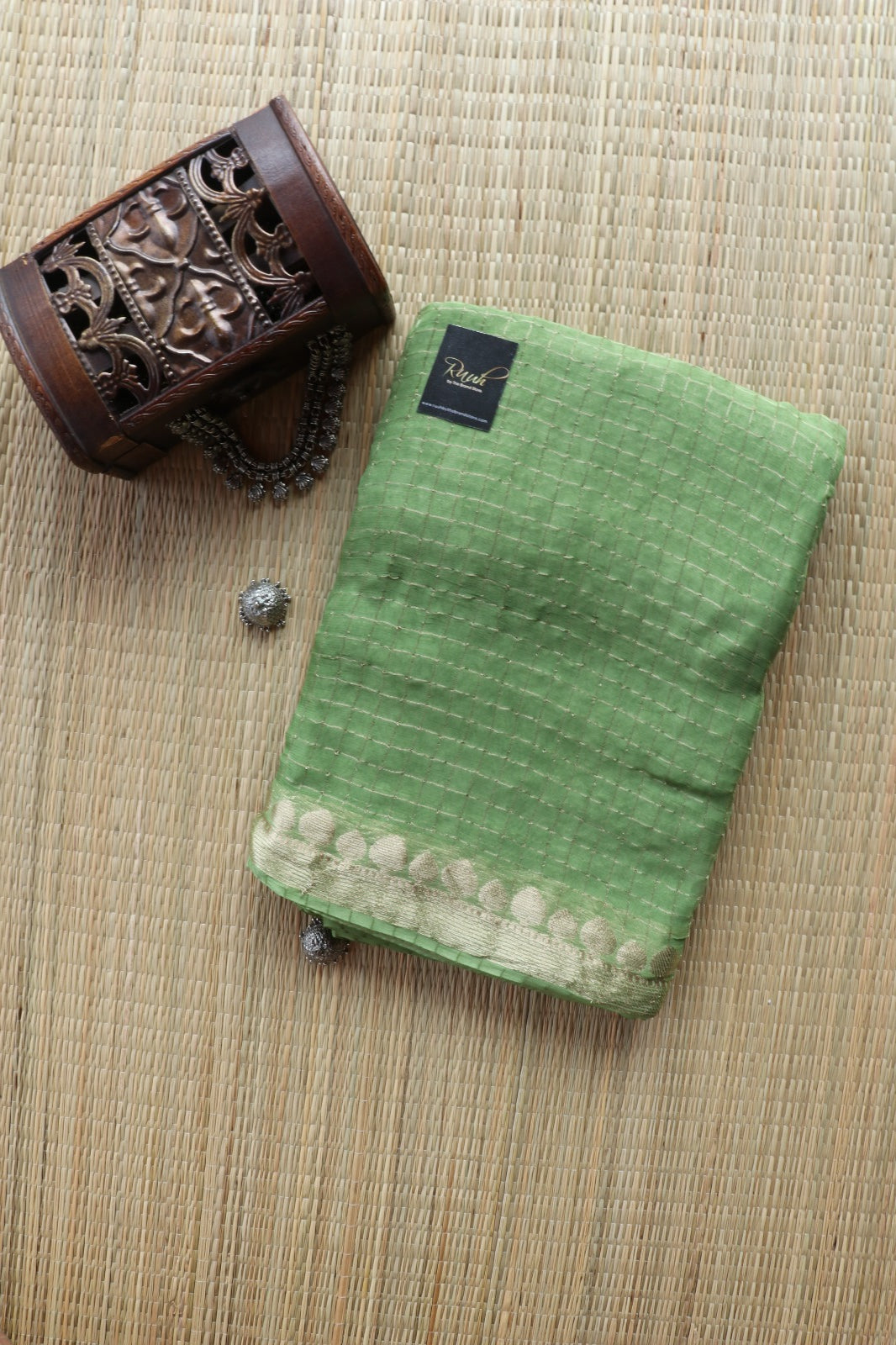 LIGHT GREEN VISCOSE CHECK SAREE