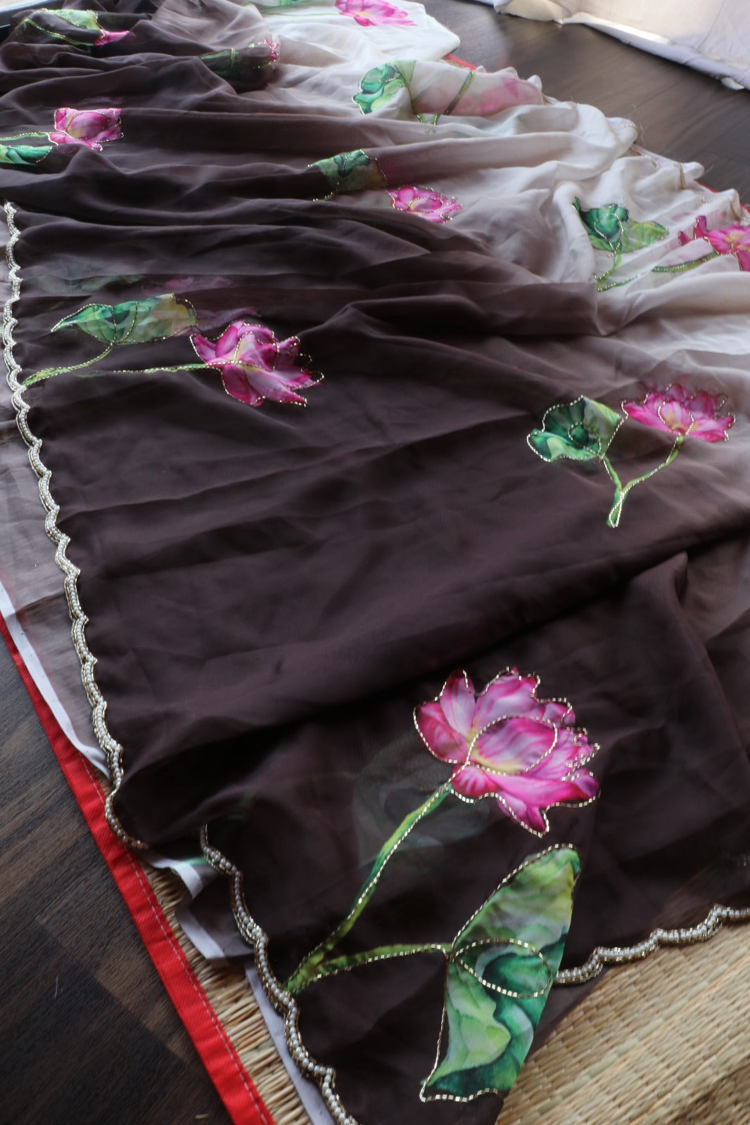 COFFEE COLOUR ORGANZA WITH HANDWORK