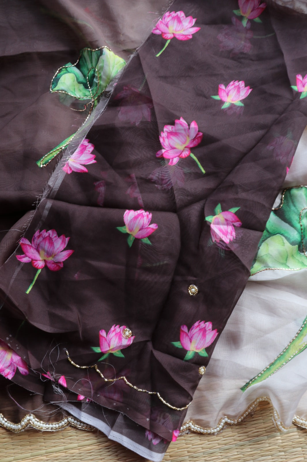 COFFEE COLOUR ORGANZA WITH HANDWORK