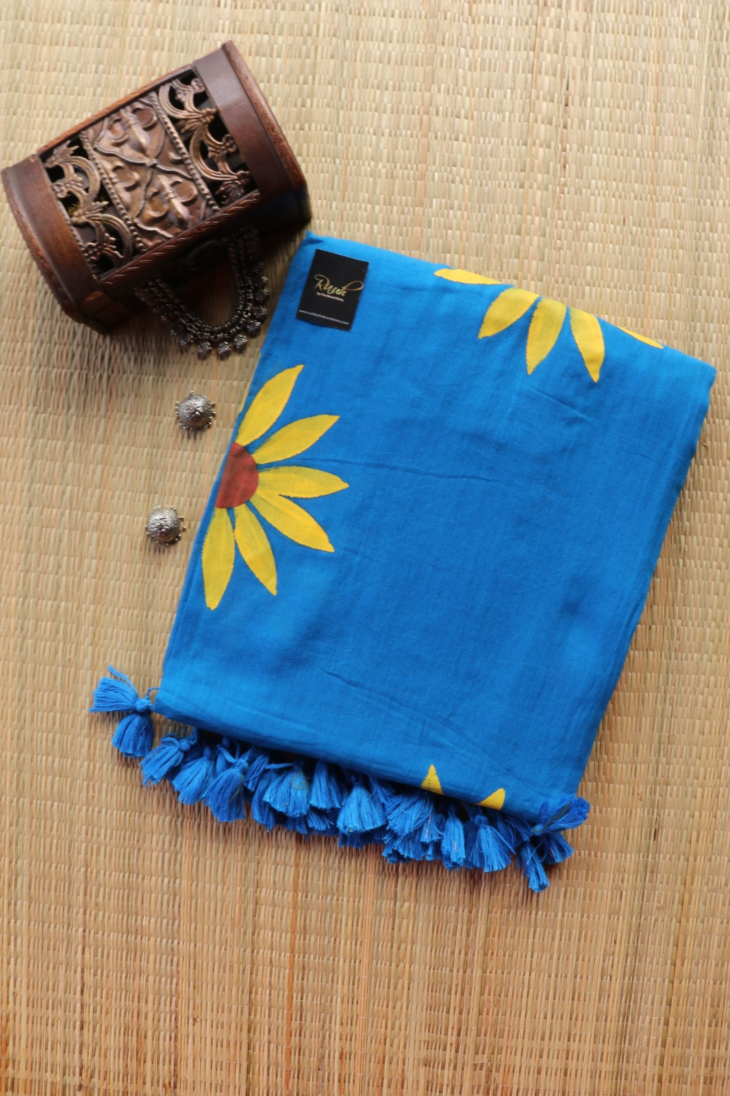 BLUE MULMUL SUNFLOWER HANDPAINT SAREE