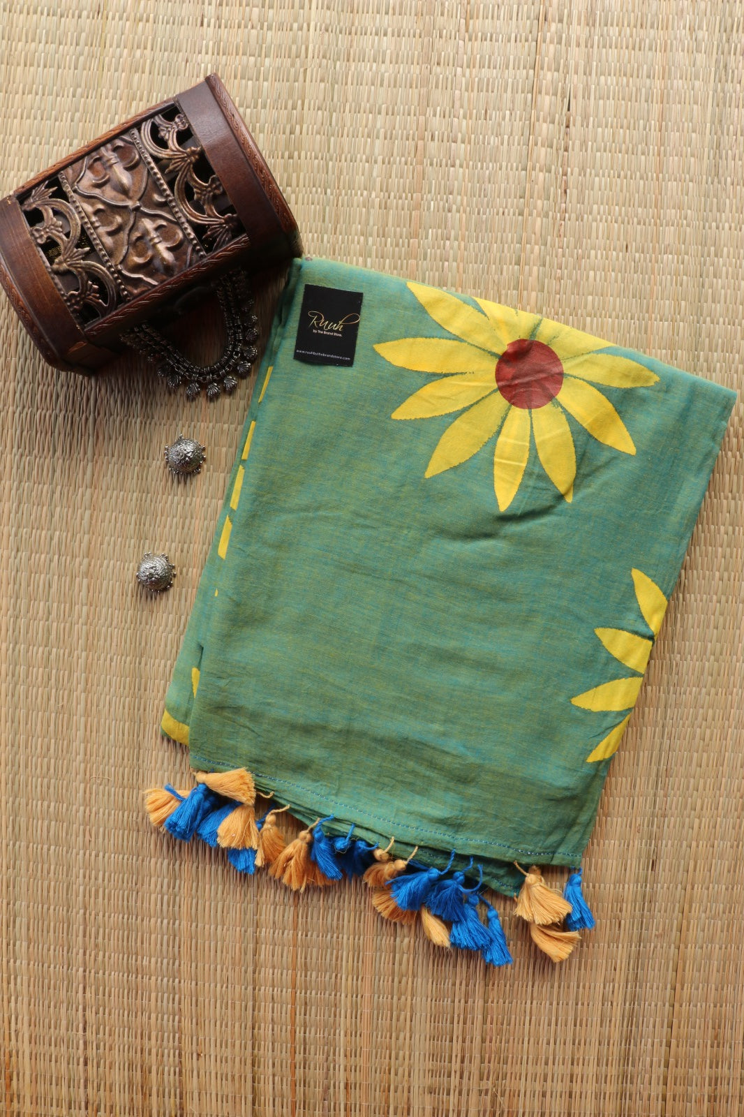 BLUE X YELLOW DUAL TONE SUNFLOWER HANDPAINT SAREE