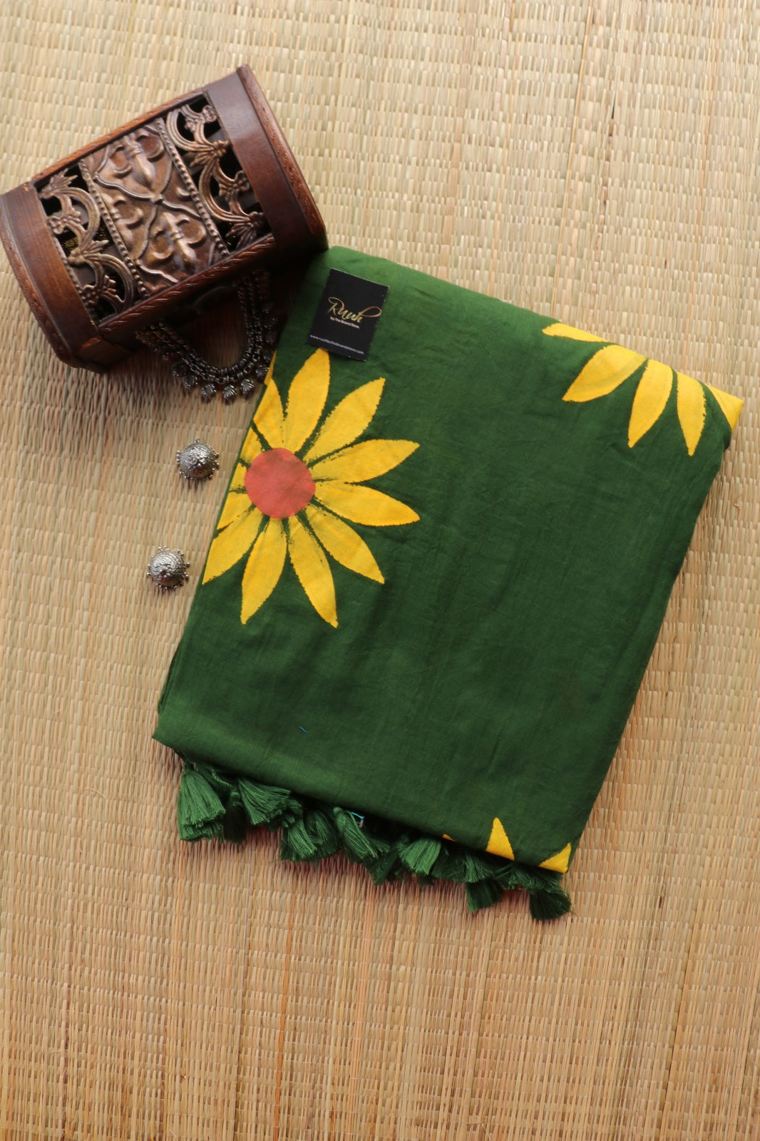 GREEN MULMUL SUNFLOWER HANDPAINT SAREE