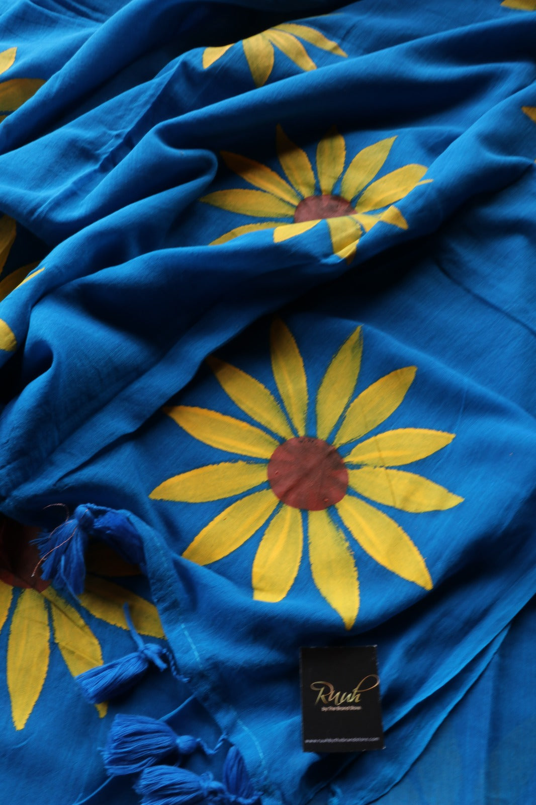 BLUE MULMUL SUNFLOWER HANDPAINT SAREE