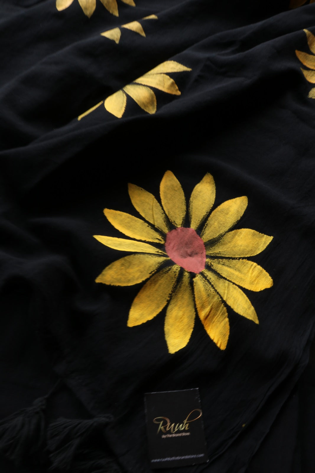 BLACK MULMUL SUNFLOWER HANDPAINT SAREE
