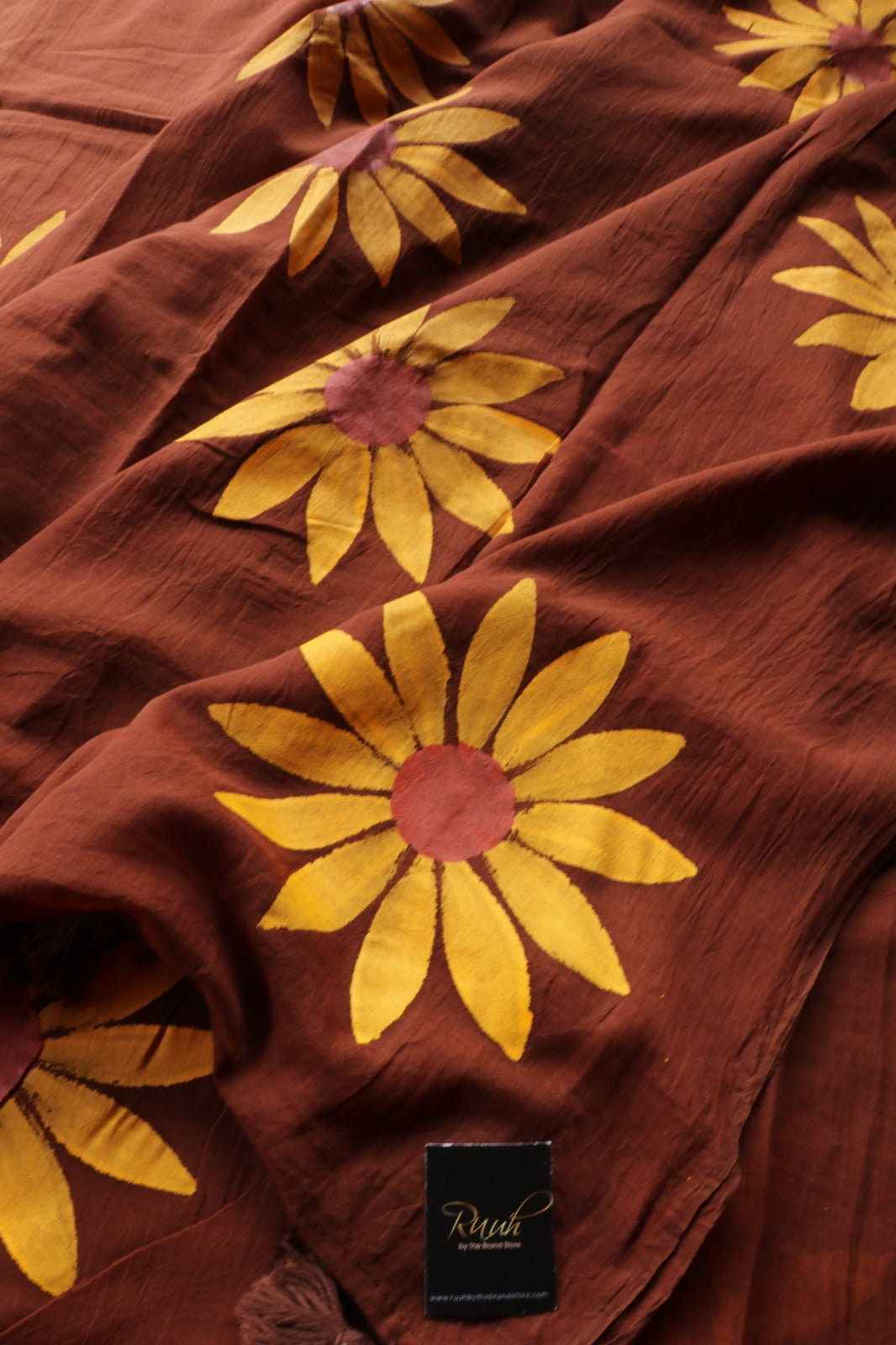 BROWN MULMUL SUNFLOWER HANDPAINT SAREE