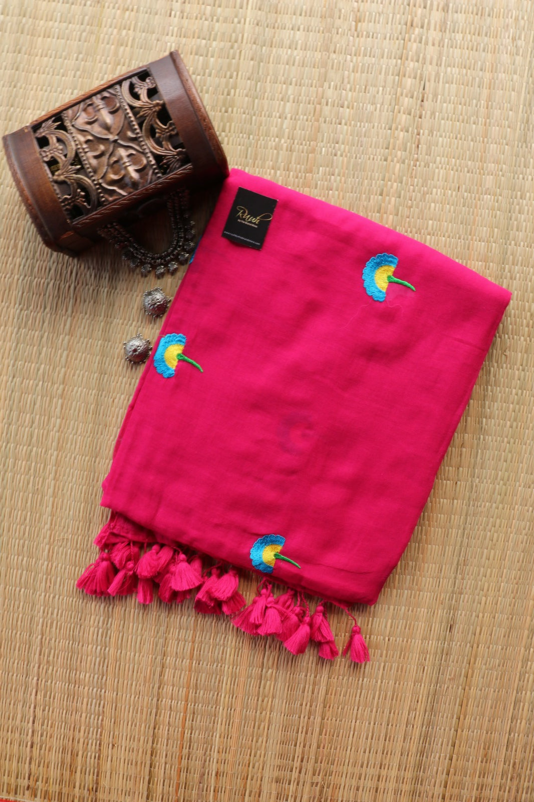 HOT PINK MULMUL EMBROIDERY SAREE